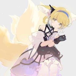 Rule 34 | 1girl, absurdres, animal ears, arknights, black gloves, blonde hair, blue hairband, braid, commentary, dress, earpiece, extra ears, fox ears, fox girl, fox tail, gloves, green eyes, grey background, hairband, highres, infection monitor (arknights), kitsune, looking at viewer, material growth, multicolored hair, multiple tails, oripathy lesion (arknights), pantyhose, purple dress, simple background, single glove, smile, solo, streaked hair, suzuran (arknights), symbol-only commentary, tail, white hair, yukuso (dabiandang)
