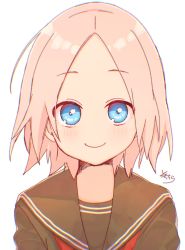 Rule 34 | 1girl, blue eyes, blush, brown sailor collar, brown shirt, chromatic aberration, closed mouth, commentary request, forehead, highres, looking at viewer, original, parted bangs, pink hair, red neckwear, sailor collar, school uniform, serafuku, shirt, signature, simple background, smile, sofra, solo, upper body, white background