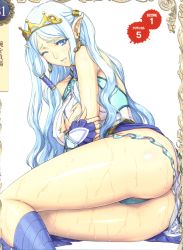 Rule 34 | 1girl, absurdres, ass, blue eyes, blue hair, defeat, earrings, eiwa, highres, jewelry, long hair, lying, matching hair/eyes, on side, pointy ears, princess, queen&#039;s blade, queen&#039;s blade grimoire, solo, tears, teeth, thighs, tina (queen&#039;s blade), torn clothes, wet