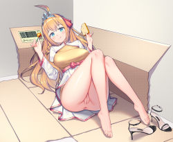 Rule 34 | 1girl, absurdres, barefoot, blonde hair, blue eyes, blush, bottomless, box, bread slice, candy, cardboard box, cleft of venus, feet, food, highres, licking lips, lollipop, long hair, looking at viewer, no panties, pecorine (princess connect!), princess connect!, pussy, shoes, tiara, toast, toes, tongue, tongue out, unworn shoes, xiaoxi0619