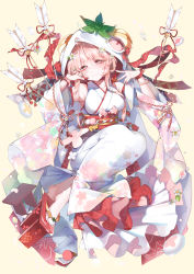 Rule 34 | 1girl, absurdres, blush, breasts, clothing request, dress, food fantasy, head tilt, highres, japanese clothes, kanola u, kimono, layered clothes, long hair, looking to the side, pale skin, pink eyes, pink hair, platform clogs, smile, solo, strawberry daifuku (food fantasy), white background