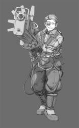 Rule 34 | 1boy, black gloves, boots, eyepatch, full body, gloves, grey background, greyscale, grin, gun, highres, holding, holding gun, holding weapon, male focus, meiz, monochrome, pouch, smile, solo, standing, weapon