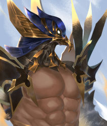 Rule 34 | 1boy, abs, absurdres, armor, artist name, bara, bennu (granblue fantasy), cloud, day, egyptian, fuyugomori (shunberg12), granblue fantasy, helmet, highres, large pectorals, male focus, muscular, muscular male, outdoors, pauldrons, pectorals, shoulder armor, sky, solo, spiked pauldrons, spikes, upper body