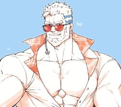 Rule 34 | 1boy, aegir (housamo), bara, beard, blue eyes, earrings, facial hair, highres, jewelry, large pectorals, looking at viewer, male focus, manly, muscular, open clothes, open shirt, pectoral cleavage, pectorals, ppyong, simple background, smile, solo, tokyo houkago summoners, white hair