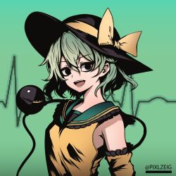 1girl black_hat bow detached_sleeves eyeball frilled_sleeves frills green_background hat hat_bow hat_ribbon highres komeiji_koishi non-web_source pixlzeig ribbon shirt simple_background third_eye touhou yellow_ribbon yellow_shirt