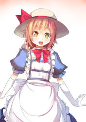 Rule 34 | 1girl, apron, blue dress, bow, culter, dress, elbow gloves, gloves, hat, kana anaberal, looking at viewer, maid apron, open mouth, puffy sleeves, short sleeves, smile, solo, touhou, touhou (pc-98), white gloves, yellow eyes