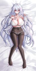 Rule 34 | 1girl, artist name, bed sheet, black pantyhose, bra, breasts, cleavage, collarbone, commission, covered navel, full body, hand on own chest, heart, heart-shaped pupils, highres, large breasts, long hair, long sleeves, looking at viewer, lying, merumeko, on back, on bed, original, panties, pantyhose, red eyes, shirt, solo, symbol-shaped pupils, twitter username, underwear, watermark, white bra, white hair, white panties, white shirt
