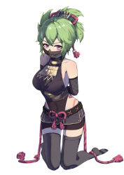 Rule 34 | 1girl, absurdres, arms behind back, bare shoulders, black gloves, black shirt, black shorts, black thighhighs, breasts, collarbone, commentary, covered navel, elbow gloves, genshin impact, gloves, green hair, highres, k soumao, kneeling, kuki shinobu, large breasts, looking at viewer, mask, mouth mask, no shoes, ponytail, purple eyes, shirt, short hair, short shorts, shorts, simple background, sleeveless, sleeveless shirt, solo, thighhighs, thighs, white background