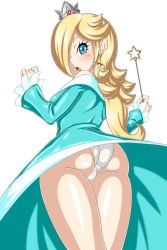 Rule 34 | 1girl, artist request, ass, blonde hair, blue eyes, blush, crown, dress, earrings, from behind, hair over one eye, highres, image sample, jewelry, looking back, mario (series), nintendo, open mouth, panties, parted lips, pixiv sample, resized, rosalina, solo, super mario bros. 1, super mario galaxy, underwear, upskirt, wand, white background