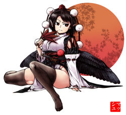 Rule 34 | &gt;:(, 1girl, bad id, bad pixiv id, black thighhighs, breasts, brown hair, feather fan, frown, hat, highres, kourindou tengu costume, looking to the side, medium breasts, mushroom (osh320), pointy ears, pom pom (clothes), red eyes, shameimaru aya, short hair, sitting, solo, sword, thighhighs, thighs, tokin hat, touhou, v-shaped eyebrows, wakizashi, weapon, wings