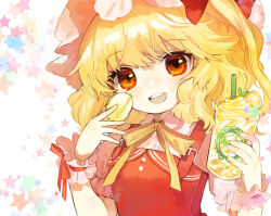 Rule 34 | 1girl, bad id, bad twitter id, blonde hair, cup, disposable cup, drinking straw, flandre scarlet, food, fruit, hands up, hat, highres, holding, holding cup, holding food, lemon, lemon slice, looking at viewer, macaron, medium hair, mob cap, open mouth, red eyes, red vest, shirt, short sleeves, shoudoku taishi (taishi), side ponytail, smile, solo, star (symbol), starry background, touhou, upper body, vest, white shirt, wrist cuffs, yellow neckwear