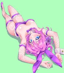 Rule 34 | 1girl, animal ears, blue eyes, bow, bowtie, breasts, cleavage, detached collar, fake animal ears, fishnet sleeves, fishnet thighhighs, fishnets, green background, highres, looking at viewer, lying, medium breasts, medium hair, on back, original, pink hair, purple bow, purple bowtie, purple footwear, rabbit ears, shoes, simple background, solo, stdl, thighhighs, thighs