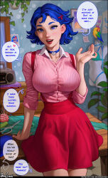 Rule 34 | 1girl, absurdres, aroma sensei, bird, blue bra, blue eyes, blue hair, blush, book, bra, breasts, cloth, collar, commentary, dress, emily (stardew valley), english commentary, english text, hair ornament, heart collar, highres, large breasts, long sleeves, looking at viewer, mannequin, open mouth, paid reward available, parrot, radio, scissors, see-through, see-through shirt, shirt, short hair, smile, solo, stardew valley, underwear