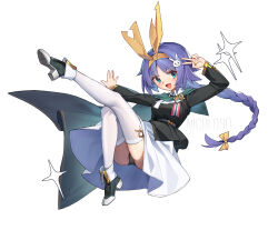 Rule 34 | 1girl, arnold-s, azur lane, black panties, boots, braid, cape, character name, full body, green cape, green eyes, hair ornament, hair ribbon, hairband, hands up, high heels, highres, long braid, long hair, long sleeves, looking at viewer, medal, nicoloso da recco (azur lane), open mouth, panties, purple hair, rabbit hair ornament, ribbon, short hair with long locks, simple background, skirt, smile, solo, sparkle, thighhighs, underwear, v, white background, white skirt, white thighhighs, yellow hairband, yellow ribbon