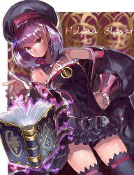 Rule 34 | 1girl, black dress, black hat, black panties, black thighhighs, book, character name, cowboy shot, dress, dutch angle, fate/grand order, fate (series), hand on own hip, hat, helena blavatsky (fate), helena blavatsky (third ascension) (fate), layered dress, neck ribbon, open book, panties, purple hair, rahanachi, red eyes, ribbon, short dress, short hair, solo, standing, striped clothes, striped dress, thighhighs, underwear, white ribbon