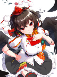 Rule 34 | 1girl, ambasa, bird wings, black skirt, black thighhighs, black wings, brown hair, closed mouth, commentary request, falling feathers, feathers, hat, headphones, highres, holding, holding notebook, looking at viewer, nib pen (object), notebook, pen, pom pom (clothes), puffy short sleeves, puffy sleeves, red eyes, red hat, shameimaru aya, shirt, short hair, short sleeves, skirt, smile, solo, thighhighs, tokin hat, touhou, wings