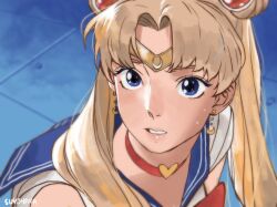 1girl artist_name bishoujo_senshi_sailor_moon blonde_hair blue_background blue_eyes blue_sailor_collar choker circlet commentary crescent crescent_earrings derivative_work double_bun earrings expressionless gold_circlet hair_bun heart heart_choker highres jewelry long_hair magical_girl meme parted_bangs parted_lips red_choker sailor_collar sailor_moon sailor_moon_redraw_challenge_(meme) sailor_senshi_uniform sailor_shirt screenshot_redraw shirt solo suyohara teeth tsukino_usagi twintails white_shirt