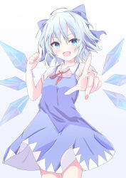 Rule 34 | 1girl, absurdres, blue bow, blue dress, blue eyes, blue hair, blush, bow, breasts, cirno, ciruciru0810, collared shirt, dress, fairy, hair bow, highres, ice, ice wings, looking at viewer, open mouth, pointing, pointing at viewer, shirt, short hair, simple background, small breasts, smile, solo, touhou, wings