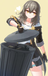 Rule 34 | 1girl, absurdres, black gloves, black jacket, black skirt, brown background, brown eyes, brown hair, closed mouth, collarbone, commentary request, gloves, hair between eyes, heart, highres, holding, honkai: star rail, honkai (series), jacket, korean commentary, long hair, looking away, looking to the side, off shoulder, open clothes, open jacket, shirt, simple background, skirt, solo, stelle (honkai: star rail), stratosphere (coom1017), trailblazer (honkai: star rail), trash bag, trash can, white shirt