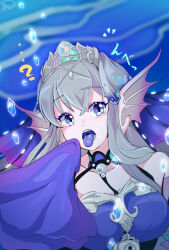 Rule 34 | ...?, 1girl, bare shoulders, blue tongue, breasts, collarbone, colored tongue, dress, duel monster, fins, grey hair, head fins, highres, large breasts, lock, mochi curry, open mouth, padlock, purple eyes, siren (mythology), sleeves past fingers, sleeves past wrists, solo, tearlaments kitkallos, tiara, tongue, tongue out, underwater, upper body, yu-gi-oh!
