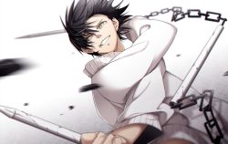 Rule 34 | 1boy, absurdres, black hair, chain, crack, grin, highres, holding, holding staff, holding weapon, jujutsu kaisen, male focus, scar, scar on mouth, sibato5, smile, solo, staff, three section staff, weapon, yellow eyes