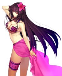 Rule 34 | 1girl, adjusting hair, ass, bikini, breasts, bridal garter, chietori, cleavage, fate/grand order, fate (series), flower, hair flower, hair ornament, highres, large breasts, long hair, looking at viewer, purple hair, red eyes, sarong, scathach (fate), scathach (fate/grand order), scathach (swimsuit assassin) (fate), solo, swimsuit, very long hair