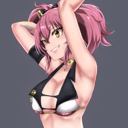 Rule 34 | 10s, 1girl, armband, armpits, arms up, bare shoulders, breasts, choker, cleavage, crop top, demio, grin, highres, idolmaster, idolmaster cinderella girls, jougasaki mika, pink hair, sideboob, simple background, smile, solo, twintails, upper body, yellow eyes