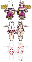 Rule 34 | 1girl, animal ears, armor, ass, barefoot, belt, breasts, breasts apart, butt crack, concept art, cubesona, cuffs, dark nipples, detached sleeves, female pubic hair, forehead, fox ears, greaves, highres, huge ass, inari, kayo (pyorno), kitsune, long hair, medium breasts, nail polish, navel, nipples, nude, ofuda, original, plump, pubic hair, shackles, slit pupils, strapless, tattoo, thick thighs, thighs, tube top, twintails, very long hair, white hair, yellow eyes