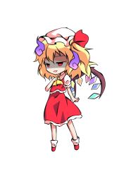 Rule 34 | 1girl, ascot, black eyes, blonde hair, chibi, clip studio paint (medium), collared dress, crystal, dairi, dress, flandre scarlet, frills, full body, ghost, hair between eyes, hair ribbon, hand up, hat, jewelry, looking to the side, mob cap, multicolored wings, one side up, open mouth, puffy short sleeves, puffy sleeves, red dress, red eyes, red footwear, red ribbon, ribbon, shaded face, shirt, shoes, short hair, short sleeves, simple background, smile, smug, socks, solo, standing, tachi-e, touhou, transparent background, white background, white hat, white shirt, white socks, wings, yellow ascot