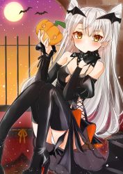 Rule 34 | 1girl, amatsukaze (kancolle), black dress, black footwear, black gloves, boots, cocoperino, cosplay, dress, full moon, gloves, halloween, halloween costume, johnston (kancolle), johnston (kancolle) (cosplay), kantai collection, long hair, moon, panties, silver hair, single glove, solo, thigh boots, thighhighs, two side up, underwear, white panties, yellow eyes