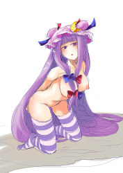 Rule 34 | 1girl, breasts, crescent, female focus, full body, hat, large breasts, long hair, nazuna akaru, nipples, nude, patchouli knowledge, purple eyes, purple hair, solo, striped clothes, striped thighhighs, thighhighs, touhou, white background