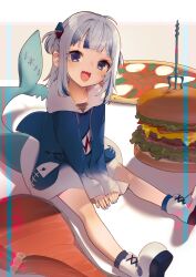 Rule 34 | 1girl, :d, ahoge, animal costume, animal hood, blue eyes, blue hair, blue hoodie, blue nails, burger, commentary, cross-laced footwear, fast food, fingernails, fins, fish tail, food, gawr gura, gawr gura (1st costume), grey hair, hair ornament, highres, hololive, hololive english, hood, hoodie, light blush, long sleeves, looking at viewer, medium hair, multicolored hair, nail polish, open mouth, oversized food, oversized object, pizza, polearm, salmon, saya (sayaya), shadow, shark costume, shark girl, shark hair ornament, shark hood, shark print, shark tail, sharp teeth, shoes, sidelocks, sitting, sleeves past wrists, smile, solo, streaked hair, symbol-only commentary, tail, teeth, trident, two side up, virtual youtuber, weapon, white footwear, wide sleeves