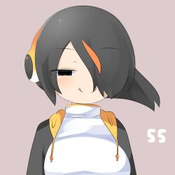 Rule 34 | 1girl, :q, black eyes, black hair, black jacket, blush, breasts, closed mouth, commentary request, emperor penguin (kemono friends), grey background, hair between eyes, hair over one eye, half-closed eyes, headphones, jacket, kemono friends, lets0020, long bangs, looking at viewer, medium breasts, multicolored hair, numbered, one-piece swimsuit, open clothes, open jacket, orange hair, short hair, simple background, smile, solo, streaked hair, swimsuit, tongue, tongue out, upper body, white one-piece swimsuit