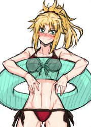 Rule 34 | 1girl, bare shoulders, bikini, blonde hair, blush, breasts, collarbone, commentary request, cowboy shot, eyes visible through hair, fate/grand order, fate (series), gluteal fold, green eyes, highres, looking at viewer, midriff, mitsurugi tsurugi, mordred (fate), mordred (fate) (all), mordred (fate/apocrypha), mordred (swimsuit rider) (fate), navel, ponytail, simple background, sleeveless, small breasts, smile, solo, swimsuit, white background