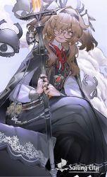 Rule 34 | 1girl, black cape, black dress, black hairband, brown eyes, brown hair, cape, cloud, commentary, dress, english text, disembodied eye, glasses, hairband, highres, holding, holding staff, jewelry, long hair, long sleeves, looking at viewer, mole, mole under eye, multiple rings, neck ribbon, noco (pixiv14976070), open mouth, original, red ribbon, ribbon, ring, smile, solo, staff, white sleeves