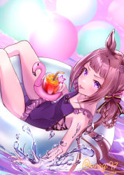 Rule 34 | 1girl, :p, absurdres, animal ears, blush, bow, breasts, brown hair, casual one-piece swimsuit, collarbone, cup, drinking straw, feet out of frame, hair bow, hair rings, highres, holding, holding cup, horse ears, horse girl, innertube, long hair, looking at viewer, official alternate costume, one-piece swimsuit, purple eyes, purple one-piece swimsuit, sitting, small breasts, sodemaru unagi, solo, splashing, sweep tosho (monopolizing the chill?) (umamusume), sweep tosho (umamusume), swim ring, swimsuit, tongue, tongue out, twintails, twitter username, umamusume, water