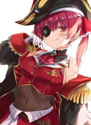 Rule 34 | 1girl, :q, arrow through heart, ascot, bare shoulders, black coat, black hat, blush, bodystocking, breasts, cleavage, closed mouth, coat, covered navel, cropped vest, epaulettes, eyepatch, gloves, hair ribbon, hat, highres, hololive, houshou marine, leotard, leotard under clothes, long hair, long sleeves, looking at viewer, medium breasts, off shoulder, one eye covered, open clothes, open coat, pirate hat, pleated skirt, red ascot, red eyes, red hair, red ribbon, red skirt, red vest, ribbon, see-through, see-through cleavage, see-through leotard, simple background, skirt, skull, smile, solo, tongue, tongue out, toshizou (0714), twintails, vest, virtual youtuber, white background, white gloves