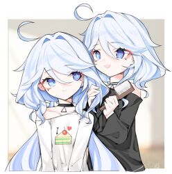 Rule 34 | 2girls, absurdres, ahoge, black choker, black shirt, blue eyes, blue hair, choker, closed mouth, comb, error1980, furina (genshin impact), genshin impact, hair between eyes, hair intakes, heterochromia, highres, holding, holding comb, long hair, long sleeves, looking at another, mismatched pupils, multiple girls, open mouth, shirt, smile, twintails, white shirt, wide sleeves