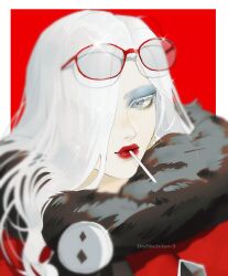 1girl absurdres bayonetta_(series) blue_eyeshadow bodysuit candy dryskeleton_(drawing_jimmy) eyeshadow food hair_over_one_eye highres jeanne_(bayonetta) lollipop long_hair looking_at_viewer makeup nintendo red_bodysuit red_lips solo very_long_hair white_hair