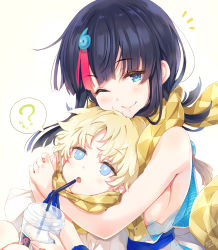 Rule 34 | 1boy, 1girl, ?, baggy clothes, bare shoulders, black hair, blonde hair, blue eyes, blue ribbon, blush, breasts, closed mouth, cup, disposable cup, dress, drinking straw, fate/grand order, fate/requiem, fate (series), highres, holding, holding cup, hug, jewelry, large breasts, looking at viewer, magatama, magatama hair ornament, medium hair, multicolored hair, necklace, one eye closed, open mouth, parted bangs, pink hair, ribbon, scarf, seigaiha, short hair, sideboob, sideless outfit, simple background, sleeveless, sleeveless dress, smile, spoken question mark, streaked hair, tel-o, utsumi erice, voyager (fate), white background, white dress, yellow scarf