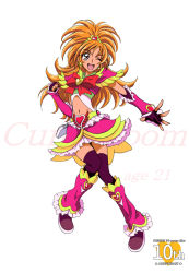 Rule 34 | 00s, 1girl, ;d, adapted costume, aged up, anniversary, arudebido, boots, bow, brooch, brown eyes, brown hair, character name, copyright name, cure bloom, fingerless gloves, frills, full body, futari wa precure splash star, gloves, hair ornament, half updo, heart, heart brooch, heart hair ornament, hyuuga saki, jewelry, knee boots, leg warmers, long hair, magical girl, midriff, navel, one eye closed, open mouth, pink footwear, pink skirt, precure, purple thighhighs, ribbon, skirt, smile, solo, thighhighs, thighhighs under boots, white background, wink