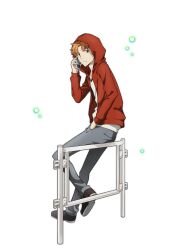 Rule 34 | 1boy, bad source, bungou stray dogs, fingernails, full body, hand in pocket, holding, holding phone, hood, hoodie, long sleeves, male focus, official art, orange hair, pants, phone, red hoodie, shoes, tanizaki junichirou (bungou stray dogs), transparent background