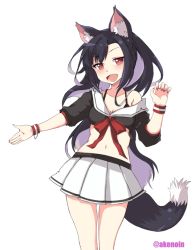 Rule 34 | 1girl, akenoin soumon, animal ears, azur lane, black bra, black hair, bra, breasts, cleavage, crop top, fang, long hair, looking at viewer, midriff, nail polish, navel, off shoulder, open mouth, pleated skirt, red eyes, shigure (azur lane), skirt, smile, solo, tail, underwear, white background, white skirt, wolf ears, wolf tail