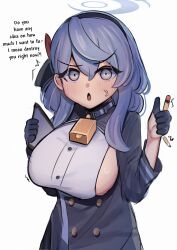 1girl absurdres ako_(blue_archive) angry blue_archive blue_eyes blue_hair blue_halo breasts english_text halo highres iog626 large_breasts long_hair looking_at_viewer neck_bell pencil school_uniform simple_background solo twitter white_background