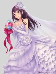 1girl bare_shoulders bouquet dress elbow_gloves female_focus flower frills gloves hair_ornament holding ilog jewelry long_hair looking_at_viewer necklace occhan_(11715) official_art rose solo veil wedding_dress