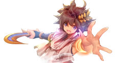 Rule 34 | 1boy, ahoge, blue eyes, brown hair, holding, holding weapon, kid icarus, kid icarus uprising, laurel crown, looking at viewer, male focus, nintendo, open mouth, outstretched arm, pit (kid icarus), scarf, simple background, solo, upper body, usapenpen2019, v-shaped eyebrows, weapon, white background