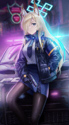 Rule 34 | 1girl, absurdres, animal ear fluff, animal ears, armband, black gloves, black jacket, black necktie, black pantyhose, blonde hair, blue archive, blue eyes, blue skirt, breasts, car, chromatic aberration, closed mouth, collared shirt, commentary, dog ears, dress shirt, eyelashes, feet out of frame, gloves, gun, hair over one eye, halo, hand in pocket, handgun, highres, holding, holding gun, holding weapon, jacket, kanna (blue archive), light particles, long hair, looking to the side, medium breasts, miniskirt, motor vehicle, necktie, neon lights, night, open clothes, open jacket, outdoors, pantyhose, parted bangs, pencil skirt, police, police car, shirt, shirt tucked in, skirt, solo, standing, subob (subobdesu), tie clip, weapon, white shirt, wing collar