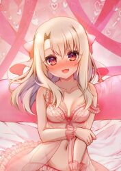 1girl :d bed_sheet blonde_hair blush bow breasts cleavage collarbone fate/kaleid_liner_prisma_illya fate_(series) floating_hair groin hair_between_eyes hair_bow heart highres illyasviel_von_einzbern irasuto_neko35 lingerie long_hair looking_at_viewer navel negligee off_shoulder open_mouth pink_bow red_eyes see-through small_breasts smile solo underwear underwear_only wrist_cuffs