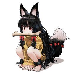 Rule 34 | 1girl, all fours, animal ear fluff, animal ears, barefoot, black hair, bone, bow, chain, commentary, cuffs, fingernails, hair bow, highres, jun (navigavi), knit sweater, long hair, looking at viewer, messy hair, original, red eyes, shackles, sharp fingernails, sharp toenails, solo, squatting, symbol-only commentary, tail, tail bow, tail ornament, toenails, white background, wolf ears, wolf girl, wolf tail