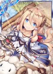Rule 34 | 1girl, akkijin, axe, bare shoulders, blonde hair, blue eyes, breasts, bridge, dress, hair ornament, hair ribbon, holding, holding axe, holding weapon, horns, long hair, looking up, official art, red ribbon, ribbon, riding, river, sheep, sheep horns, shinkai no valkyrie, small breasts, smile, weapon